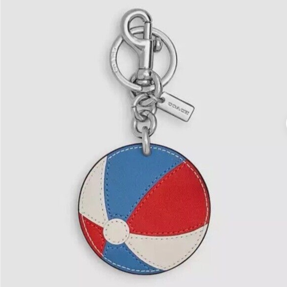 ✨NWT✨ COACH Beach Ball Leather Bag Charm Key Chain Red Blue Silver - CU260